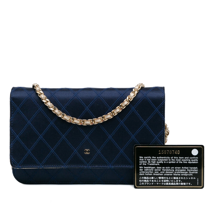 Satin Diamond Stitch Wallet On Chain Blue - Gaby Paris