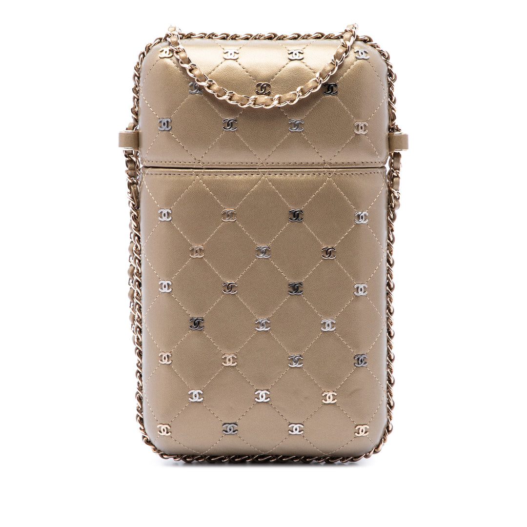 Chanel CC Matelassé et clouté Métallisé Sac rond à chaîne Étui téléphone Cuir d'agneau Doré – vue principale – GABY PARIS