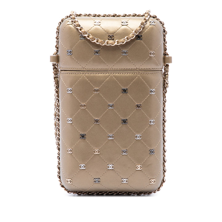 Chanel CC Matelassé et clouté Métallisé Sac rond à chaîne Étui téléphone Cuir d'agneau Doré – vue principale – GABY PARIS