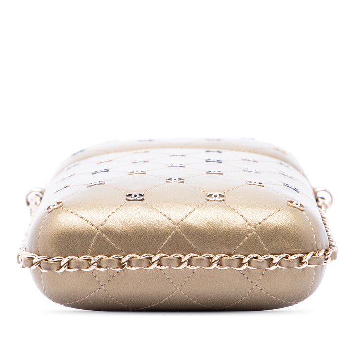 Chanel CC Matelassé et clouté Métallisé Sac rond à chaîne Étui téléphone Cuir d'agneau Doré – vue 3 – GABY PARIS