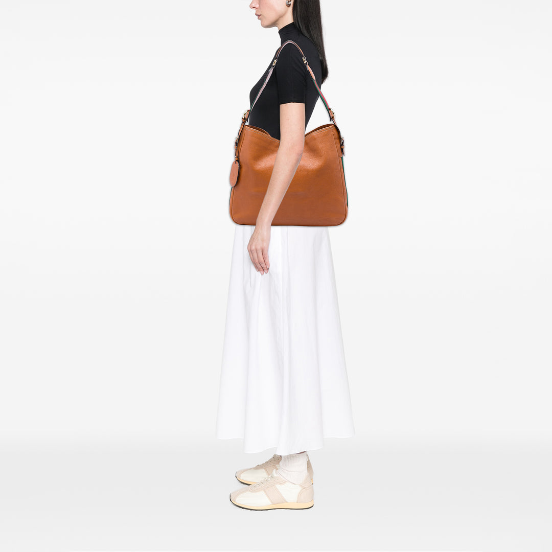Gucci Pebbled Web Heritage Sac Moyen Cuir de veau Marron – vue 5 – GABY PARIS