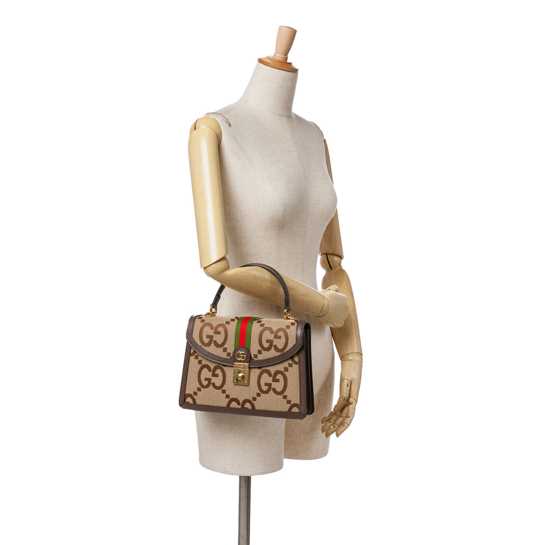 Small Jumbo GG Canvas Web Ophidia Top Handle Flap Brown - Gaby Paris