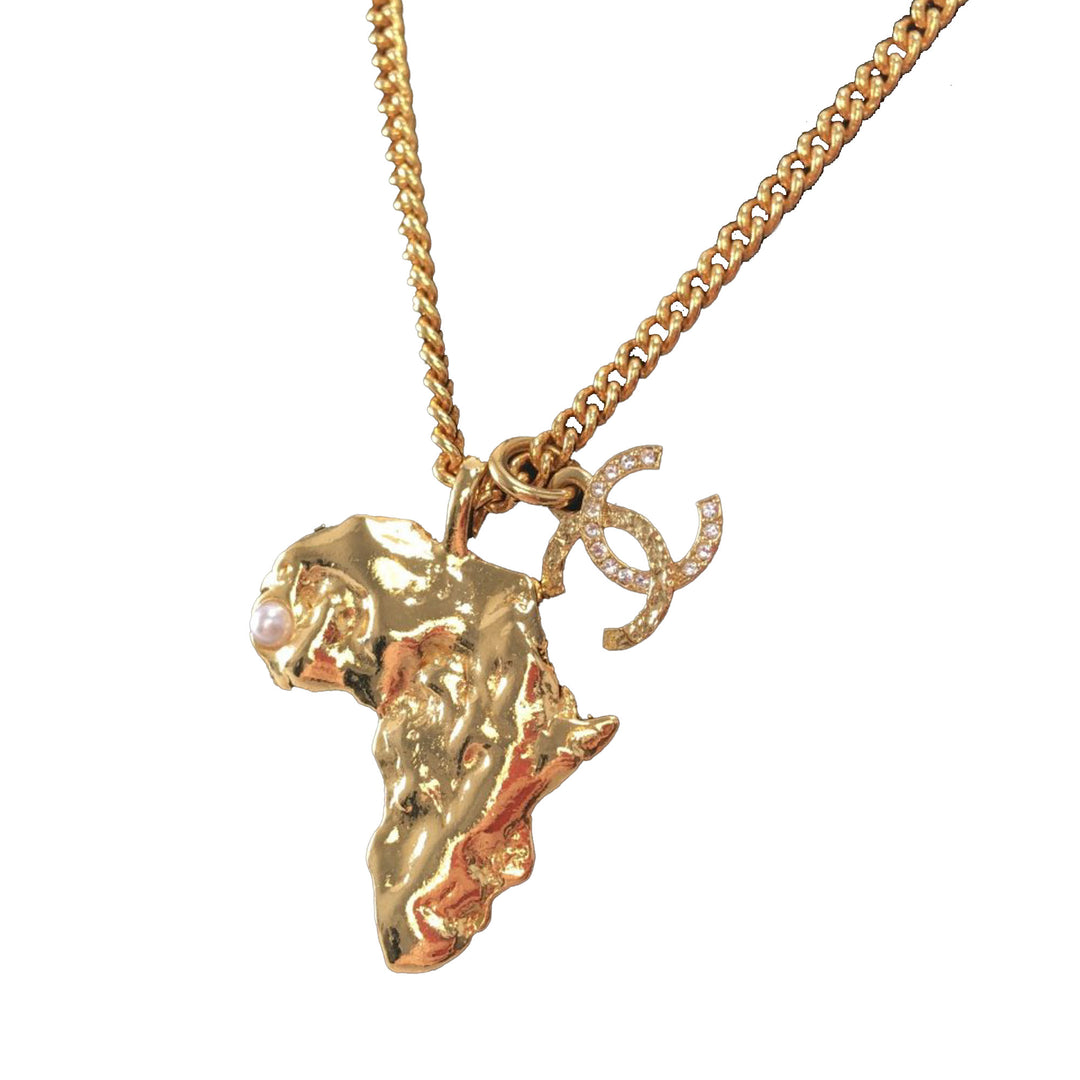 Gold Plated CC Faux Pearl and Africa Pendant Necklace Gold - Gaby Paris