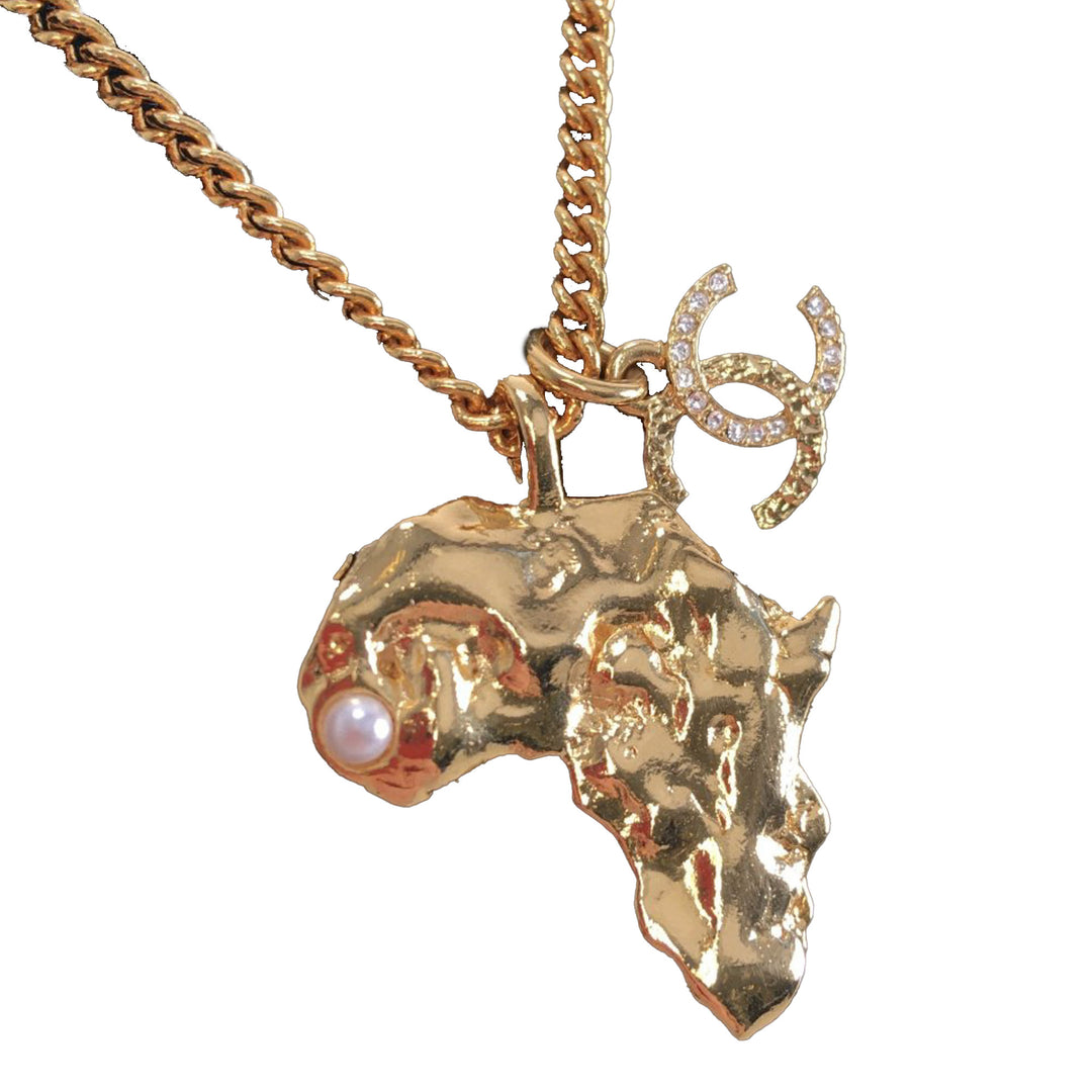 Gold Plated CC Faux Pearl and Africa Pendant Necklace Gold - Gaby Paris