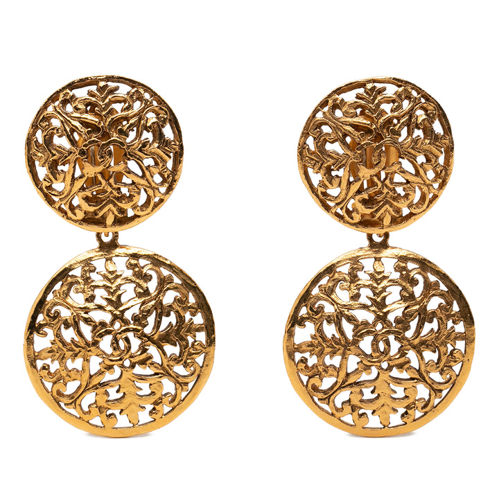 Chanel CC plaqué Filigree Double Orbs Dangle Clip On Boucles d’oreilles