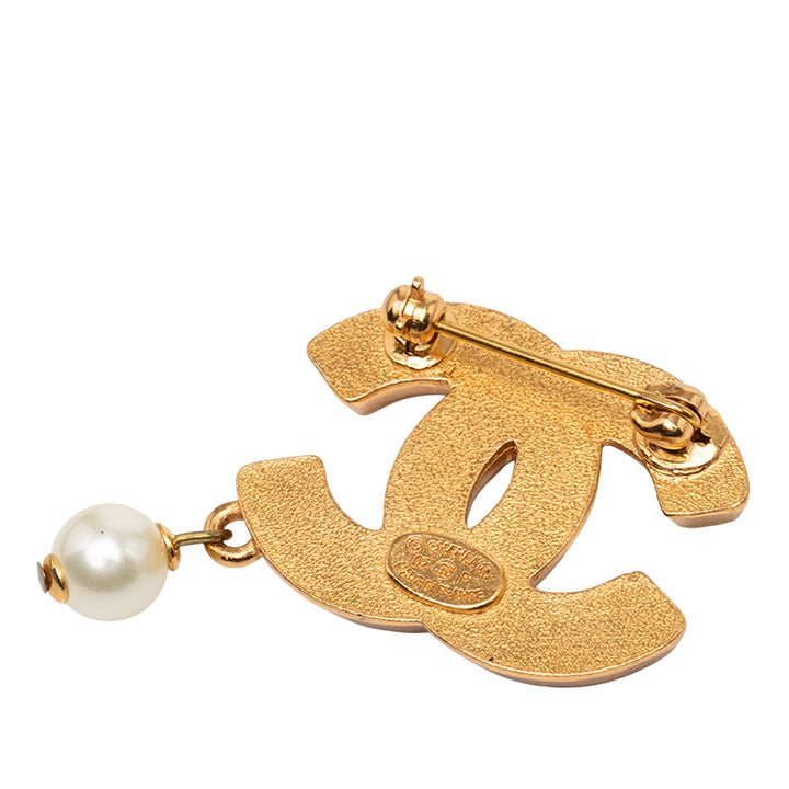 Chanel CC plaqué Strass et Perles fantaisie pendantes Broche