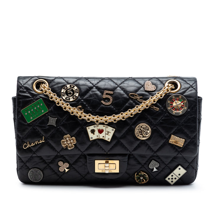 Chanel Matelassé vieilli Reissue 2.55 Lucky Charms Double rabat 225 Cuir de veau Noir