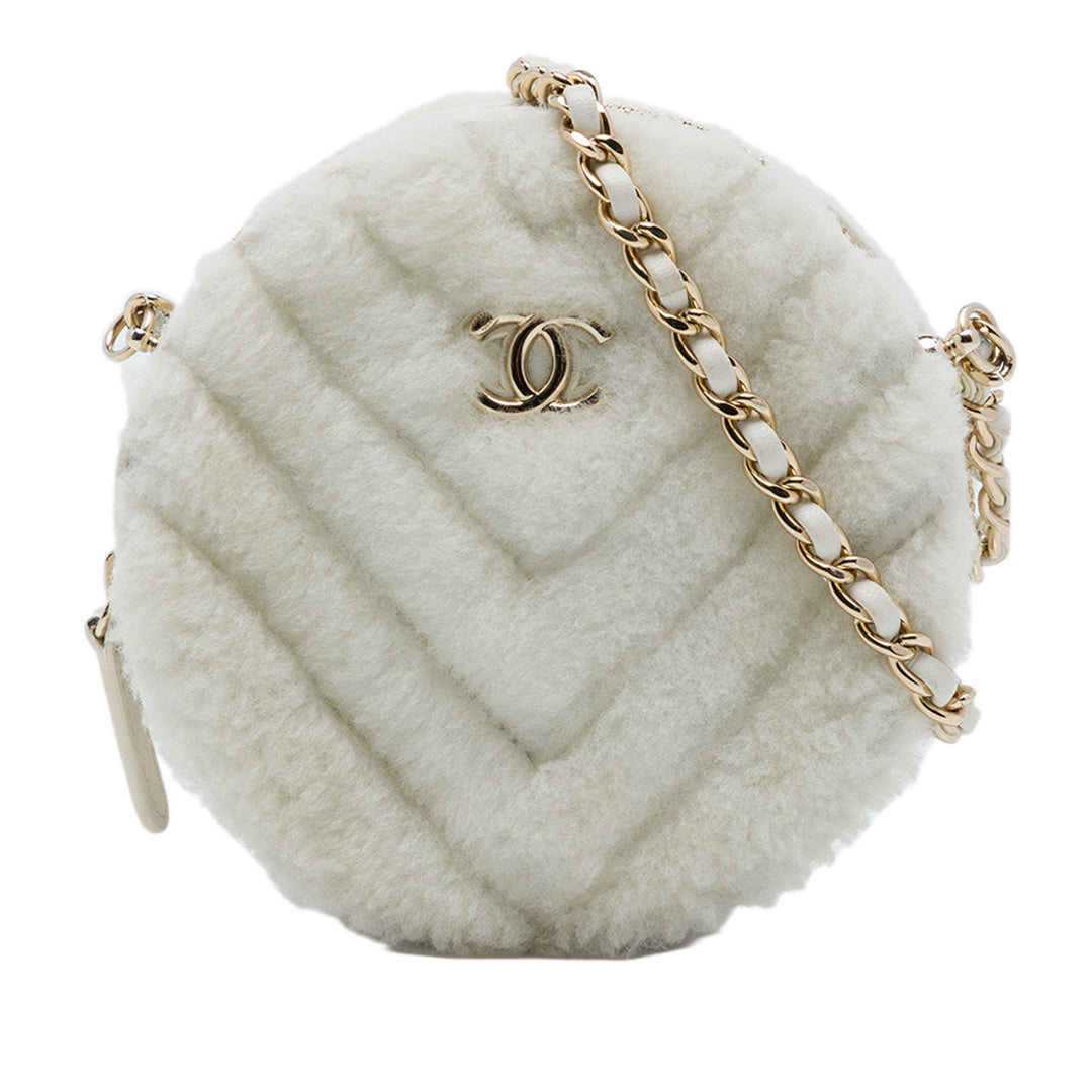 CC Chevron Shearling Rond Pochette avec chaîne Blanc