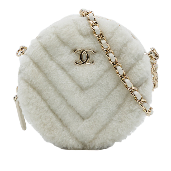 CC Chevron Shearling Rond Pochette avec chaîne Blanc