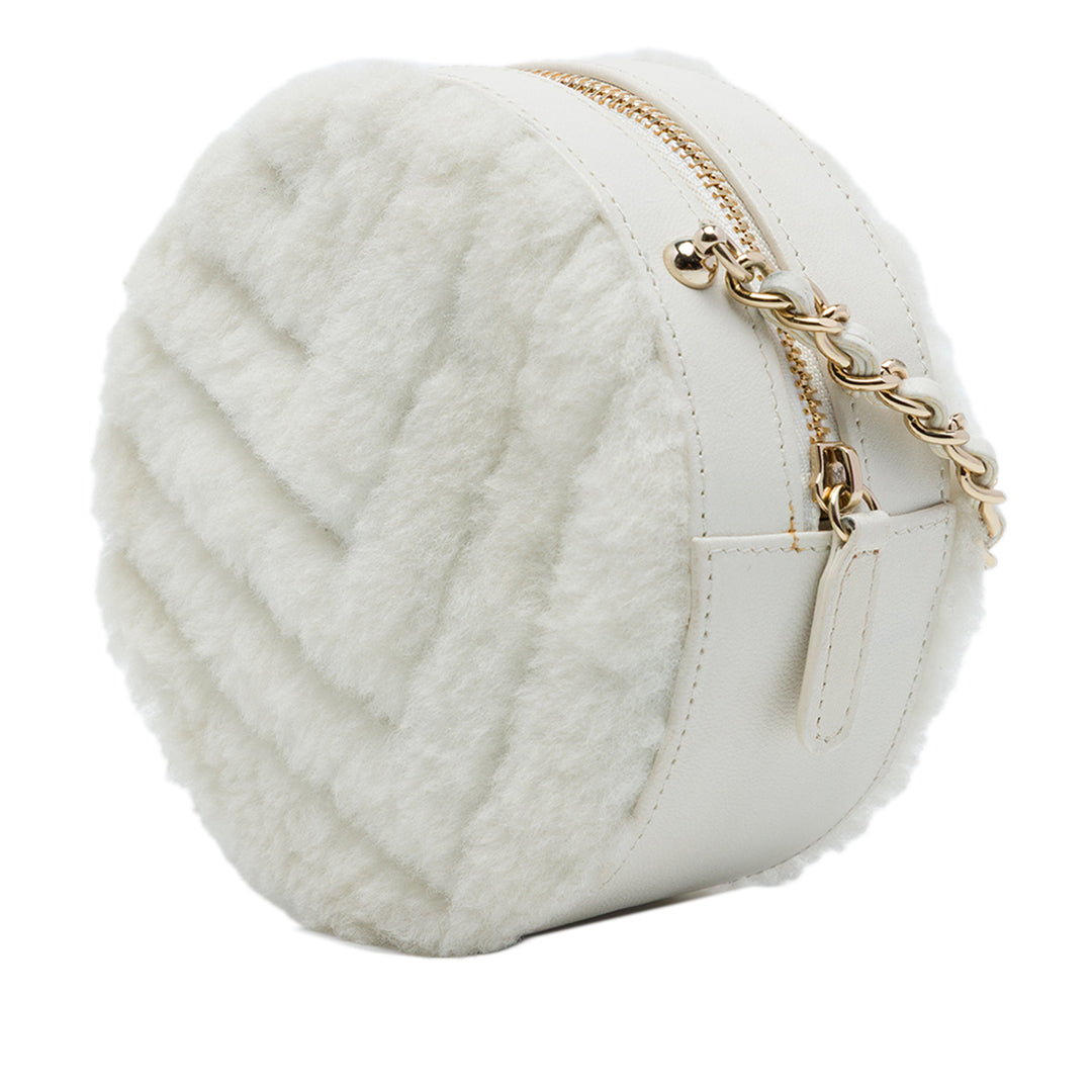 CC Chevron Shearling Rond Pochette avec chaîne Blanc