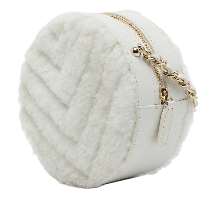CC Chevron Shearling Rond Pochette avec chaîne Blanc