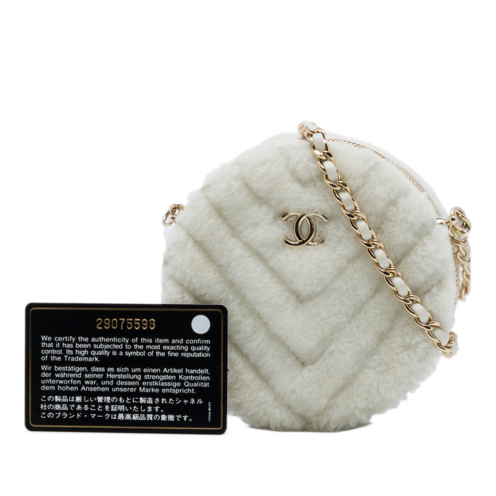 CC Chevron Shearling Rond Pochette avec chaîne Blanc