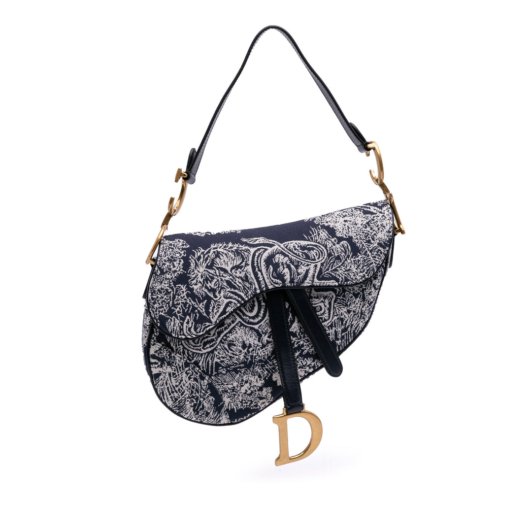 Canvas Reverse Embroidered Toile De Jouy Saddle Bag Gray - Gaby Paris