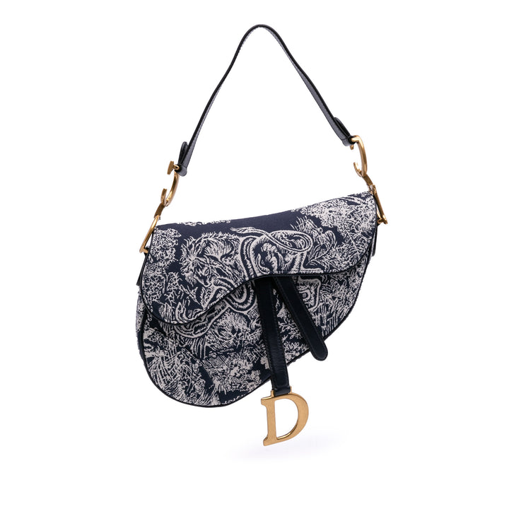 Canvas Reverse Embroidered Toile De Jouy Saddle Bag Gray - Gaby Paris