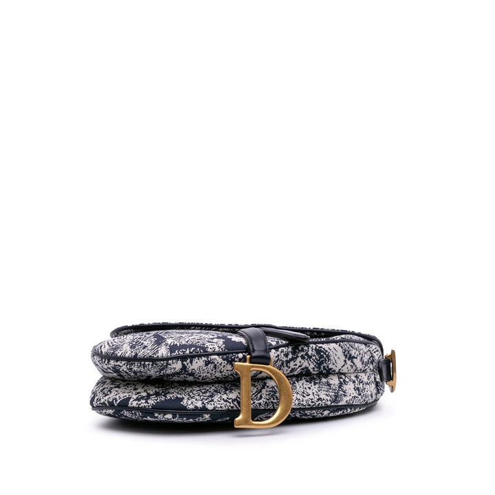 Canvas Reverse Embroidered Toile De Jouy Saddle Bag Gray - Gaby Paris