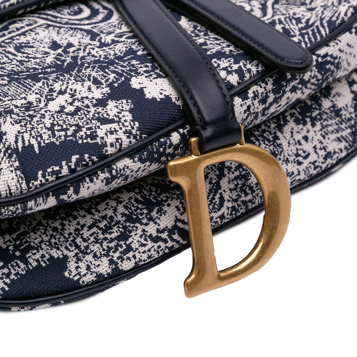 Canvas Reverse Embroidered Toile De Jouy Saddle Bag Gray - Gaby Paris