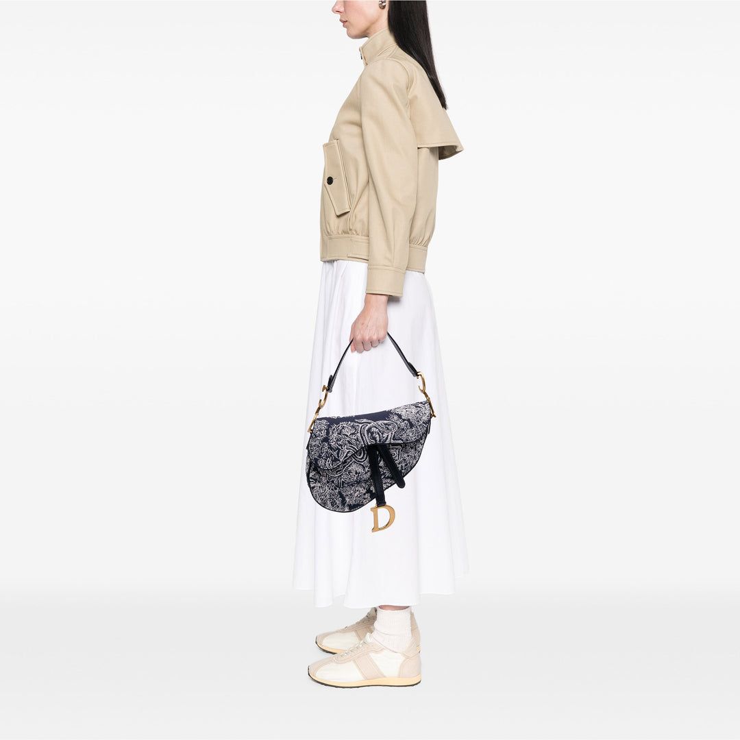 Canvas Reverse Embroidered Toile De Jouy Saddle Bag Gray - Gaby Paris