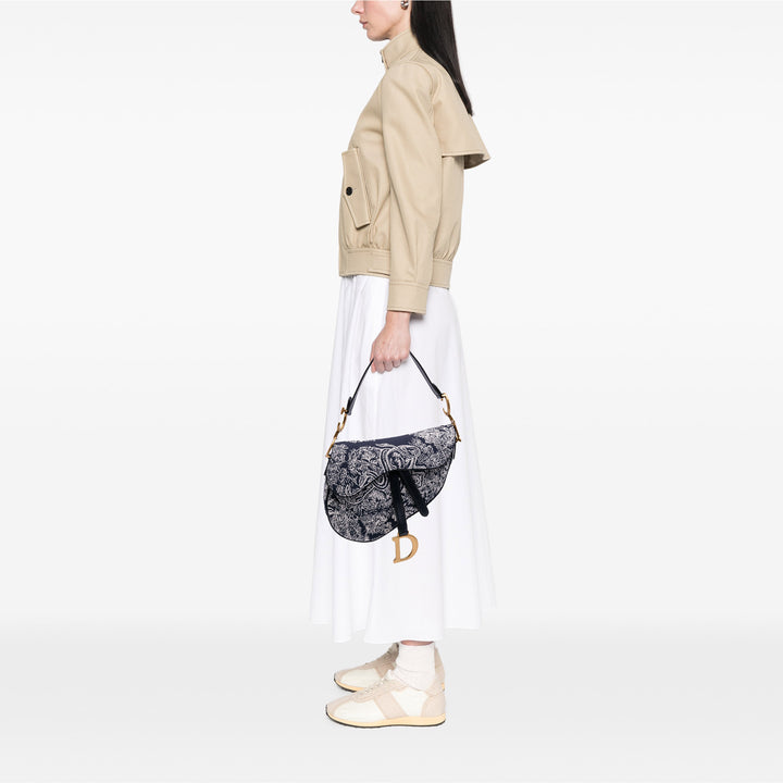Canvas Reverse Embroidered Toile De Jouy Saddle Bag Gray - Gaby Paris