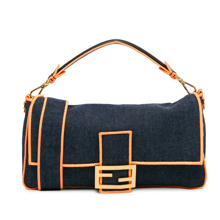 Fendi Large Denim Baguette Satchel Blue - GABY PARIS