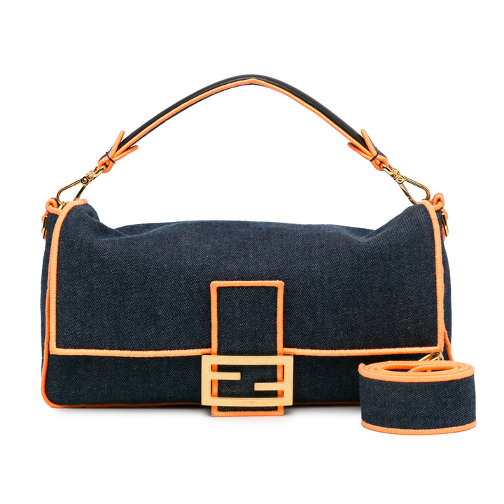 Fendi Large Denim Baguette Satchel Blue - GABY PARIS