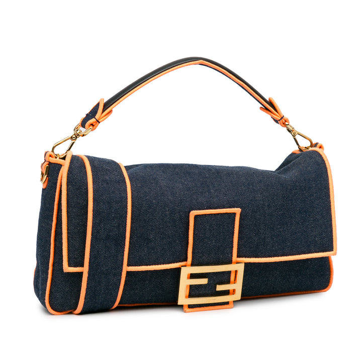 Fendi Large Denim Baguette Satchel Blue - GABY PARIS