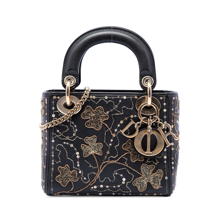 brodé Clovers Lady Dior Mini Cuir de veau Noir