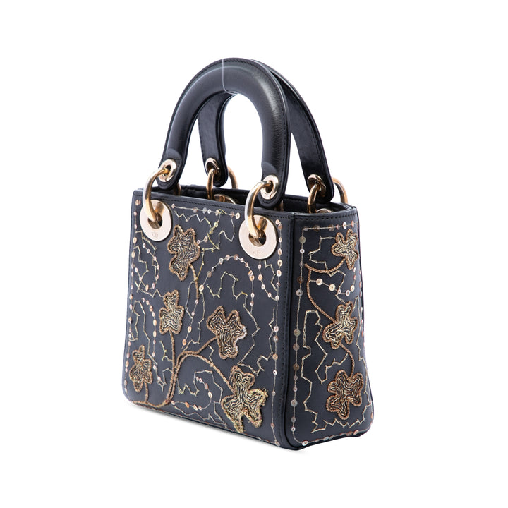 brodé Clovers Lady Dior Mini Cuir de veau Noir
