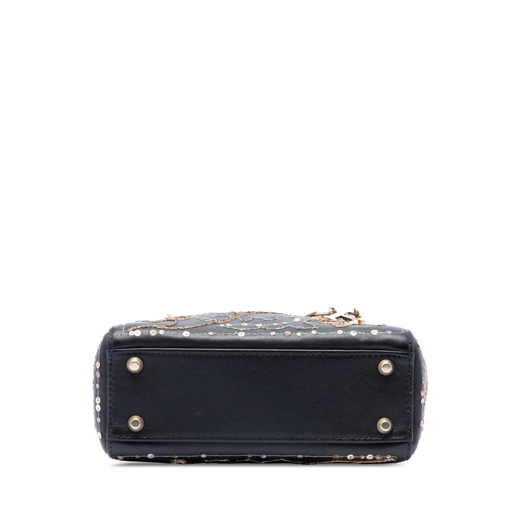 brodé Clovers Lady Dior Mini Cuir de veau Noir