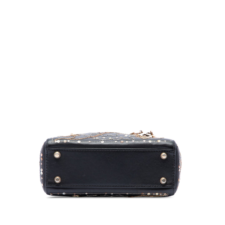 brodé Clovers Lady Dior Mini Cuir de veau Noir