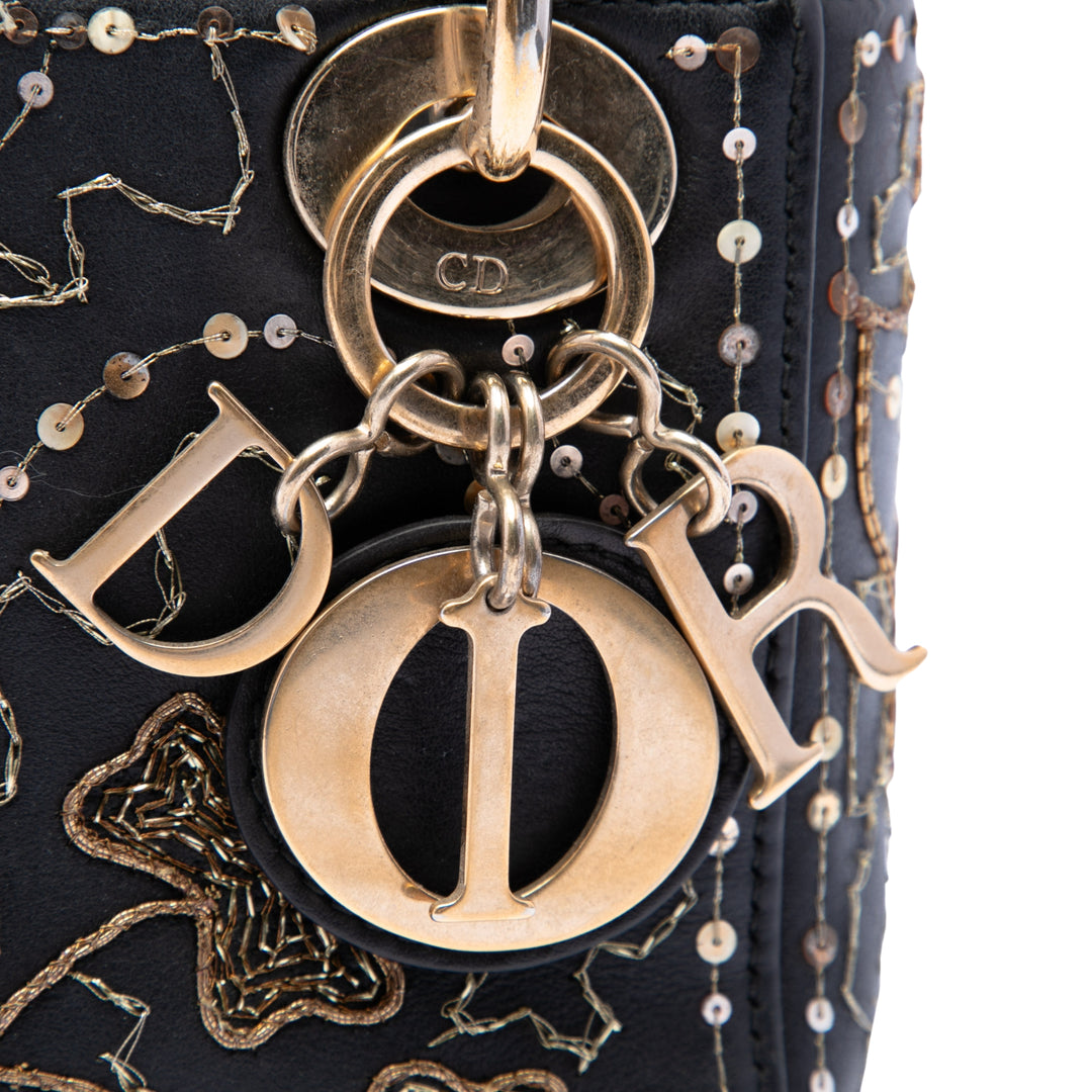 brodé Clovers Lady Dior Mini Cuir de veau Noir