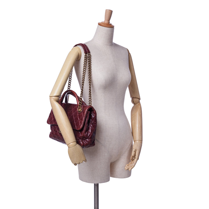 Medium Glazed Calfskin Castle Rock Top Handle Flap Red - Gaby Paris