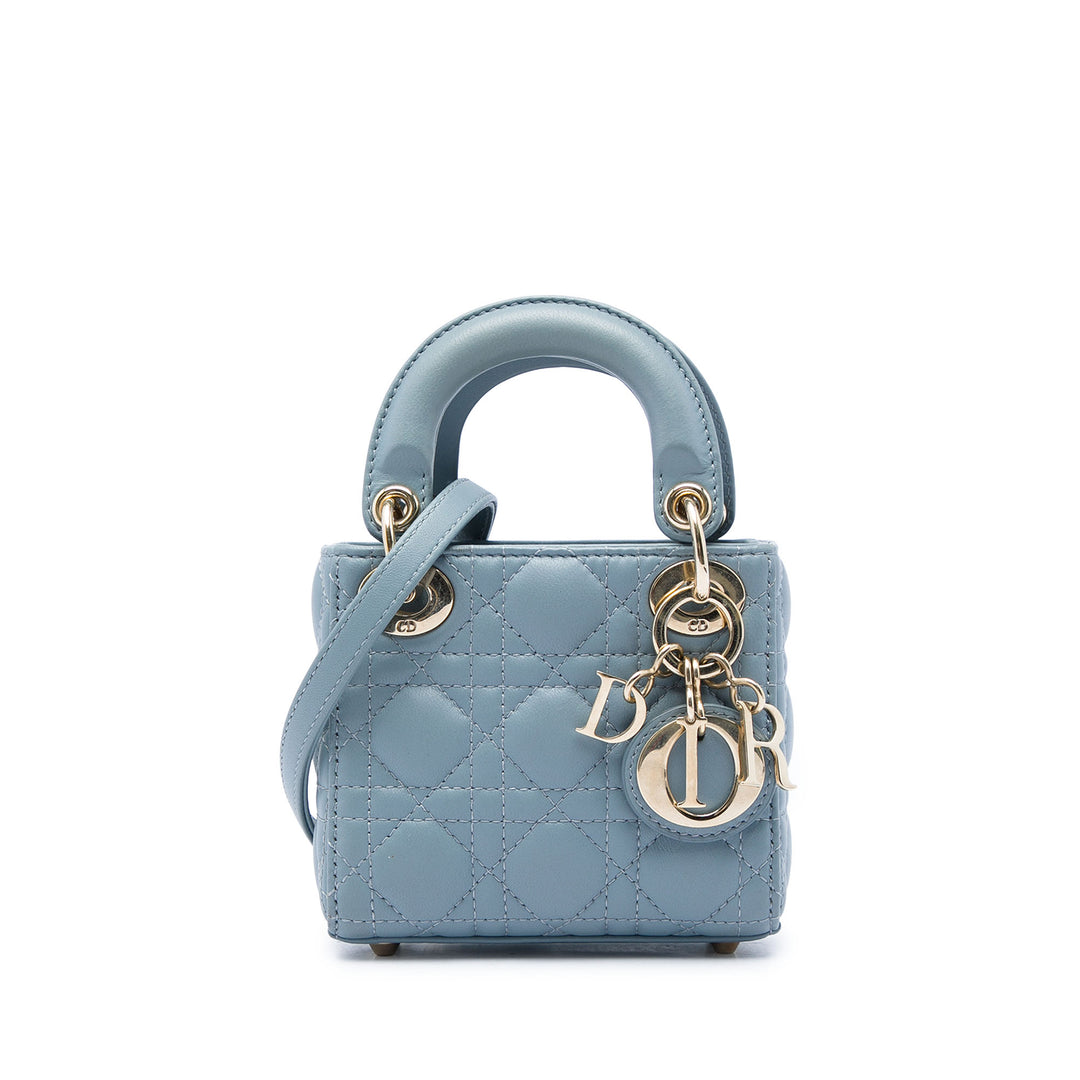 Dior Sac à main Lady Dior Cannage Micro Cuir d'agneau Bleu – vue principale – GABY PARIS