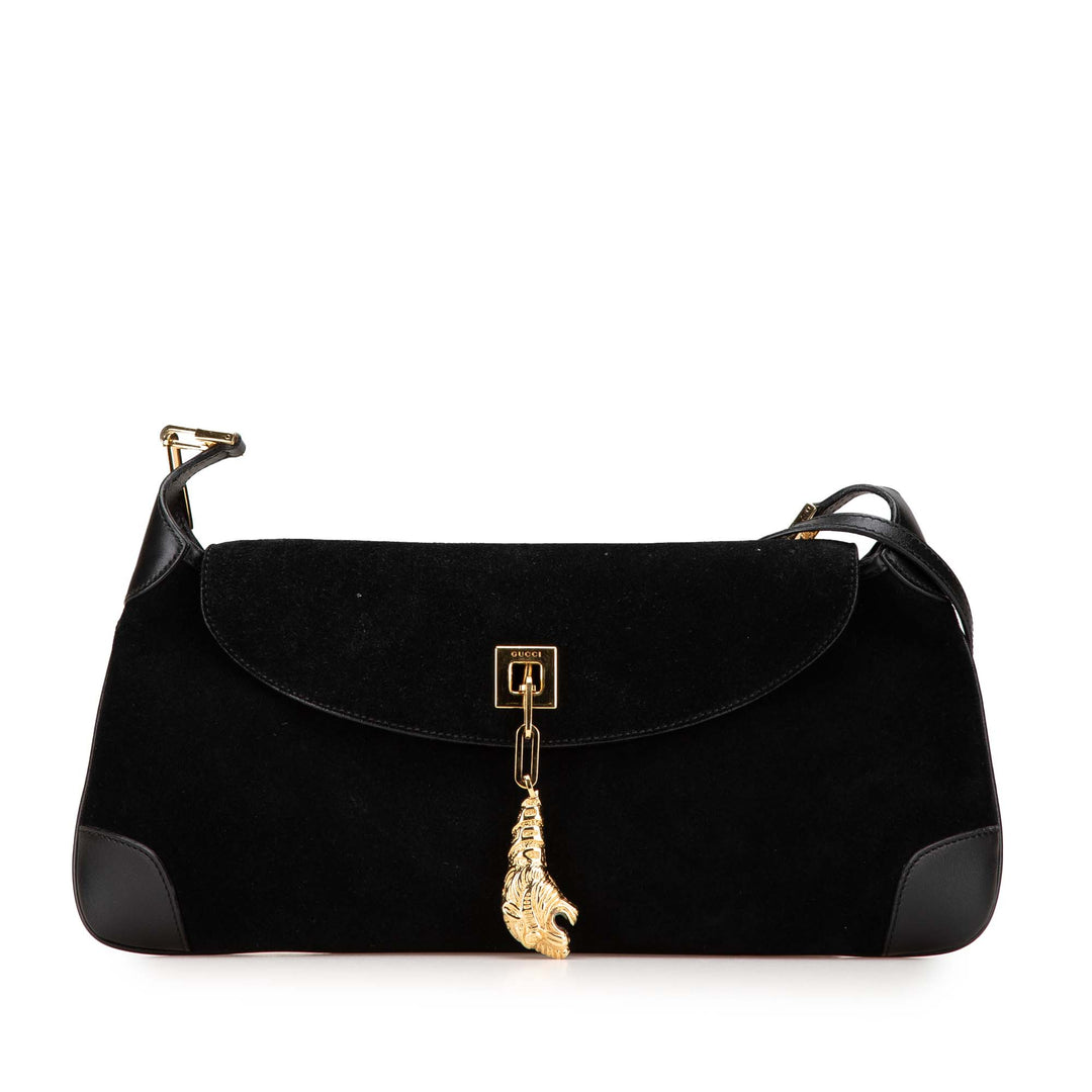 Suede Tiger Head Shoulder Bag Black - Gaby Paris
