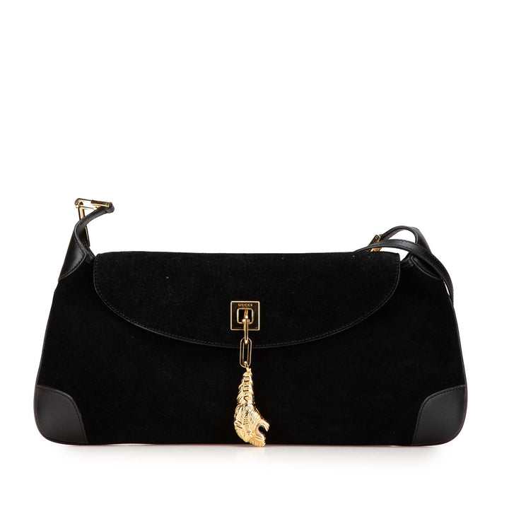 Suede Tiger Head Shoulder Bag Black - Gaby Paris