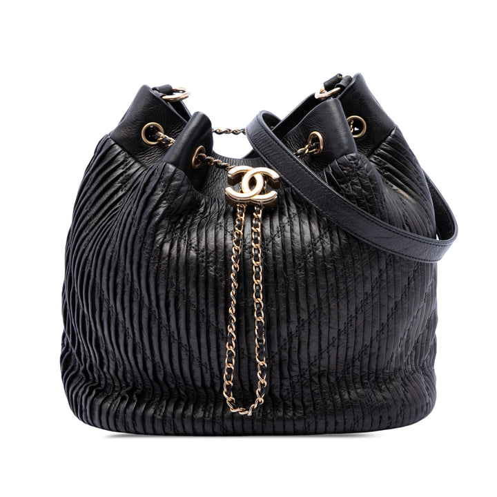 Froissé Coco Pleats Sac à cordon seau Moyen Cuir de veau Noir