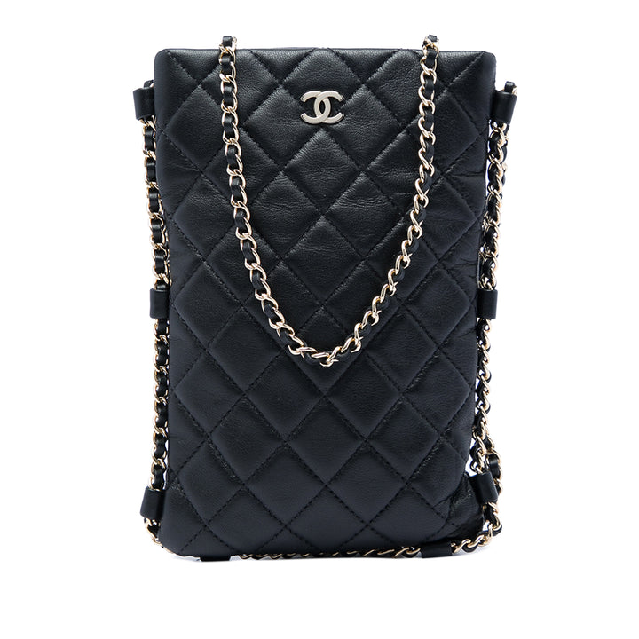 CC Matelassé Sac rond à chaîne Étui téléphone Sac Cuir d'agneau Noir