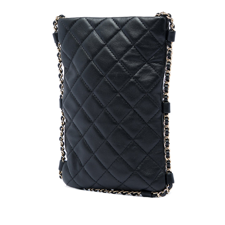 CC Matelassé Sac rond à chaîne Étui téléphone Sac Cuir d'agneau Noir