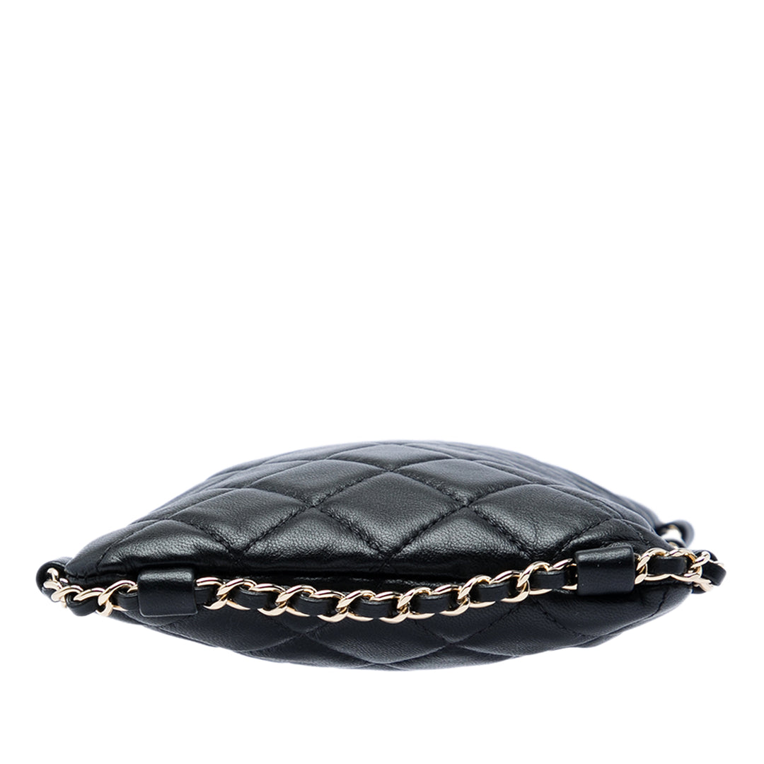 CC Matelassé Sac rond à chaîne Étui téléphone Sac Cuir d'agneau Noir