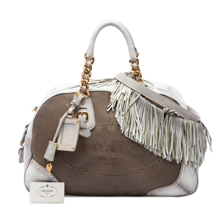 Prada Cuir à finitions Toile Canapa Logo Fringe Bauletto Sac