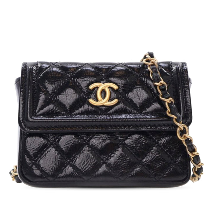 Chanel Quilted Shiny Aged Cuir de veau Waist Belt Bag Noir