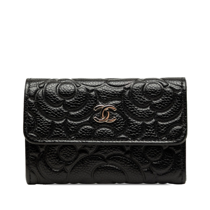 CC embossé Camellia Porte-cartes Cuir caviar Noir