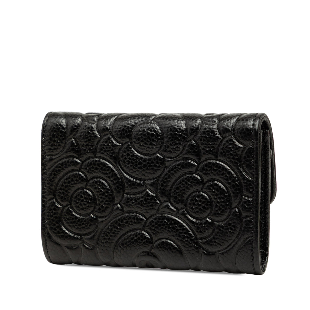 CC embossé Camellia Porte-cartes Cuir caviar Noir