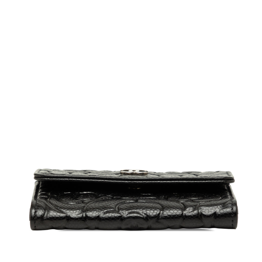 CC embossé Camellia Porte-cartes Cuir caviar Noir