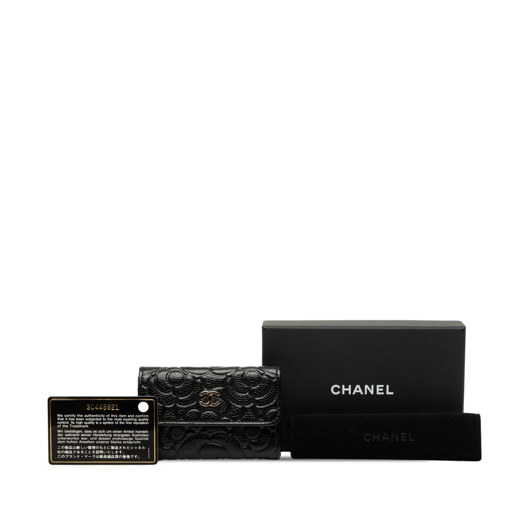 CC embossé Camellia Porte-cartes Cuir caviar Noir
