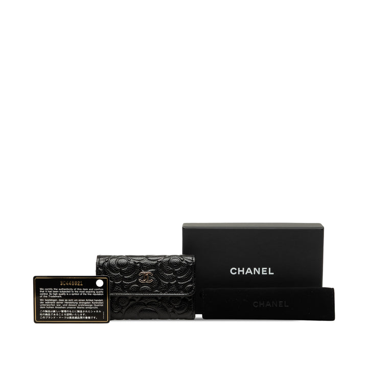 CC embossé Camellia Porte-cartes Cuir caviar Noir