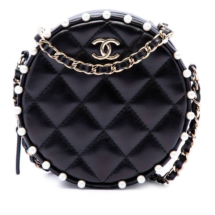 Chanel Matelassé Cuir de veau Perle clouté Rond Pochette avec chaîne