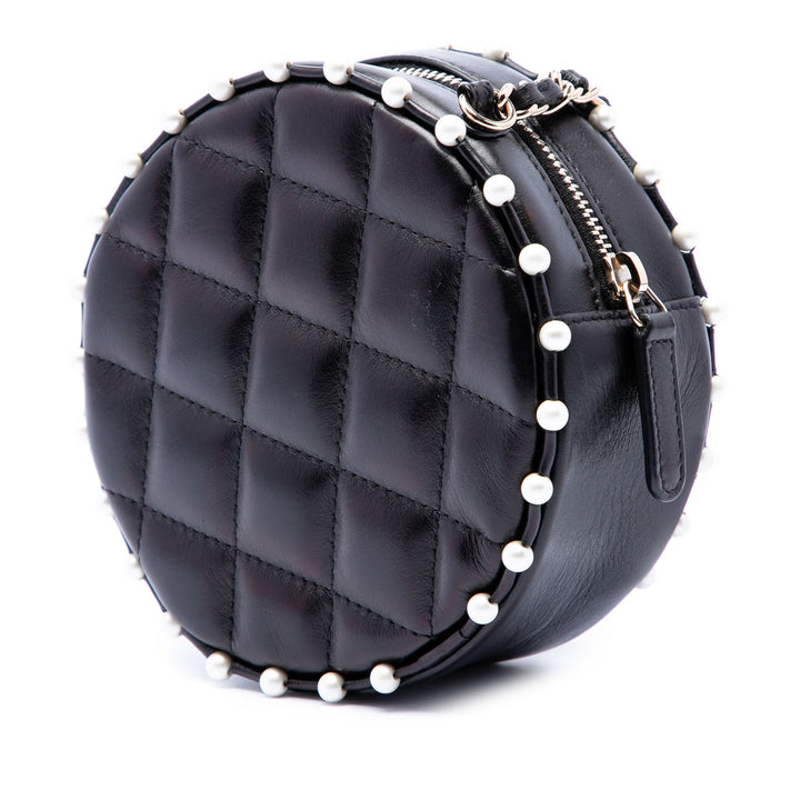 Chanel Matelassé Cuir de veau Perle clouté Rond Pochette avec chaîne