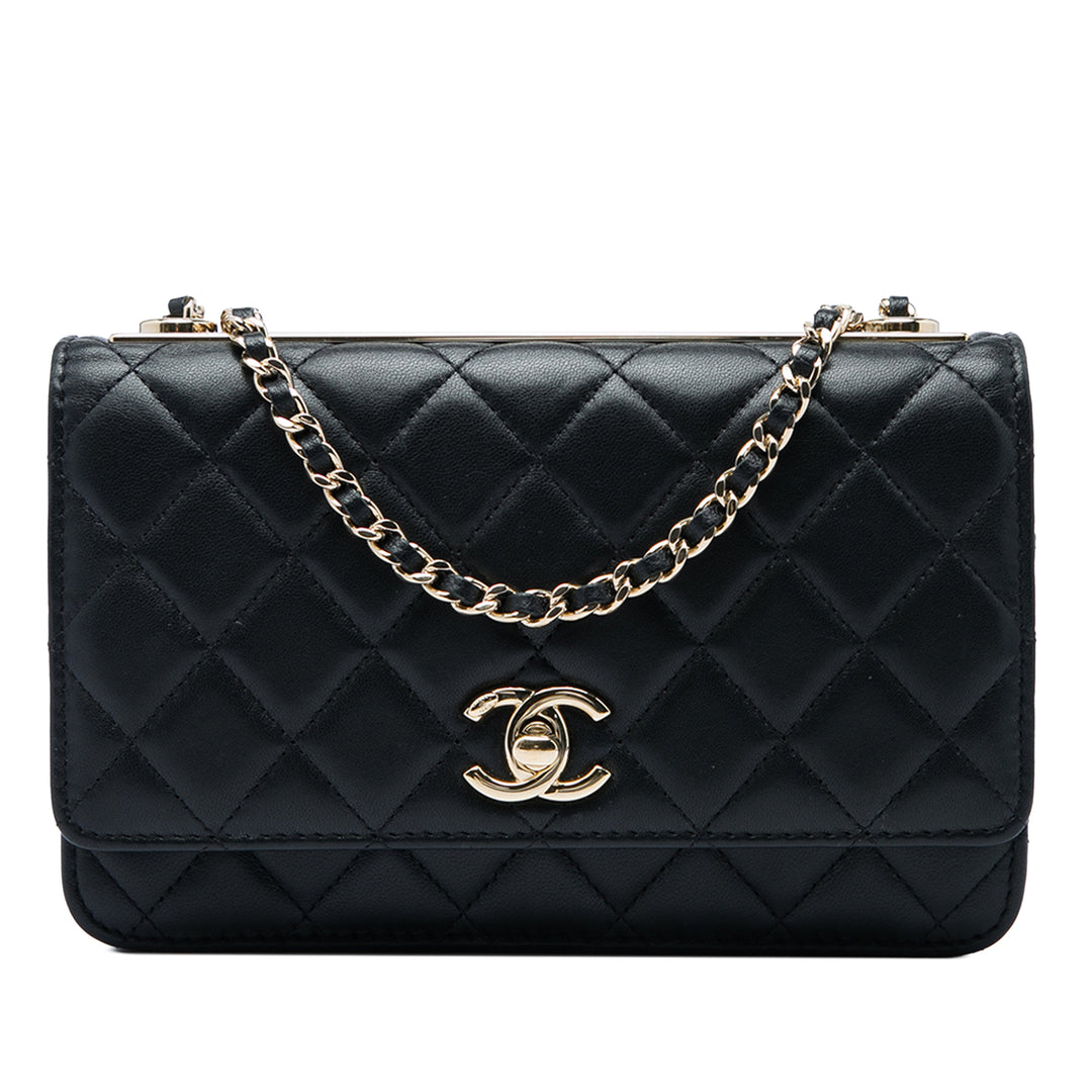 Matelassé Trendy CC Wallet on Chain Cuir d'agneau Noir