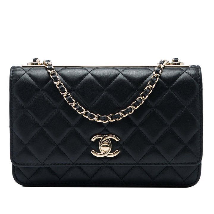 Matelassé Trendy CC Wallet on Chain Cuir d'agneau Noir