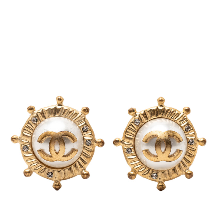 Chanel CC plaqué Perles fantaisie et Strass À clip Boucles d'oreilles Métal